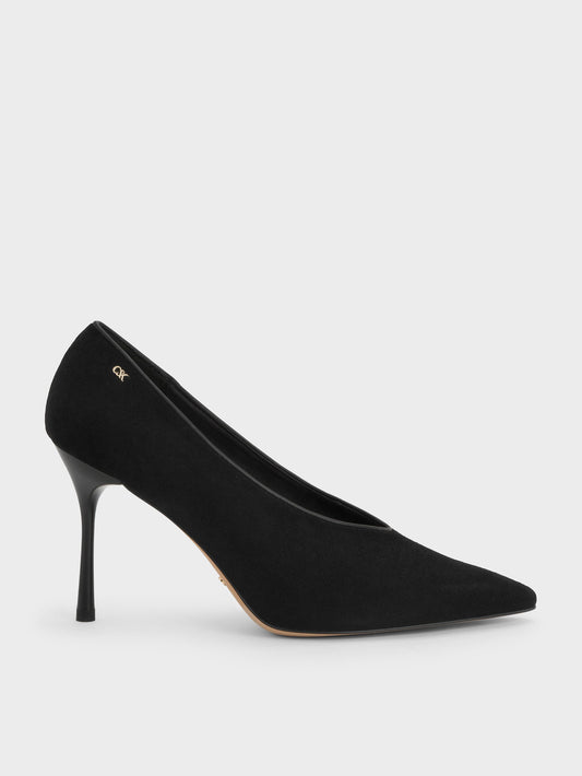 CHARLES & KEITH Quality / Leather & Suede Pointed Pumps - Black Textured