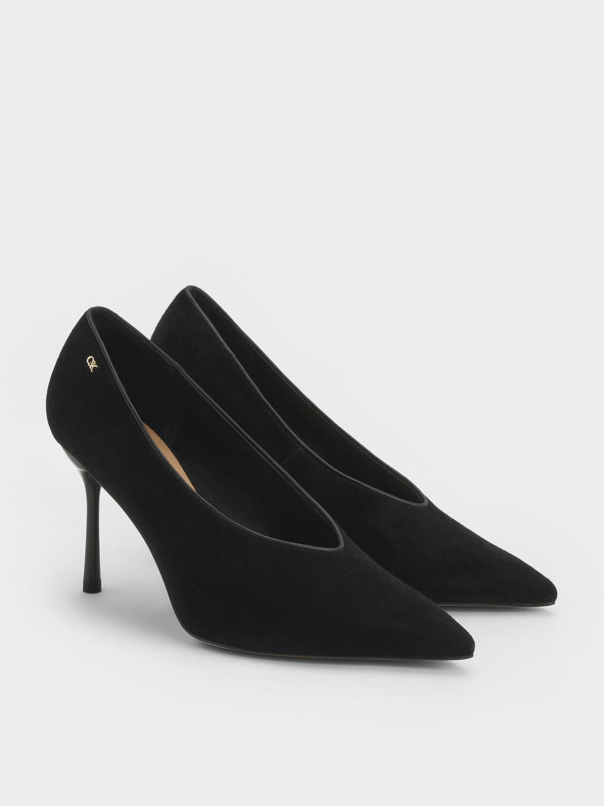 CHARLES & KEITH Quality / Leather & Suede Pointed Pumps - Black Textured