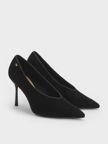 CHARLES & KEITH Quality / Leather & Suede Pointed Pumps - Black Textured