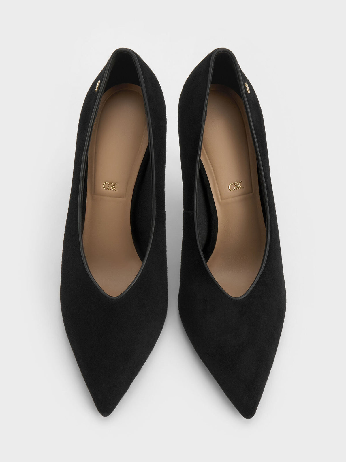 CHARLES & KEITH Quality / Leather & Suede Pointed Pumps - Black Textured