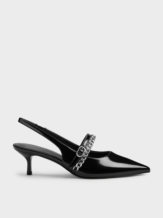 CHARLES & KEITH Best Seller / Georgie Chain Slingback Kitten Heels - Black Box