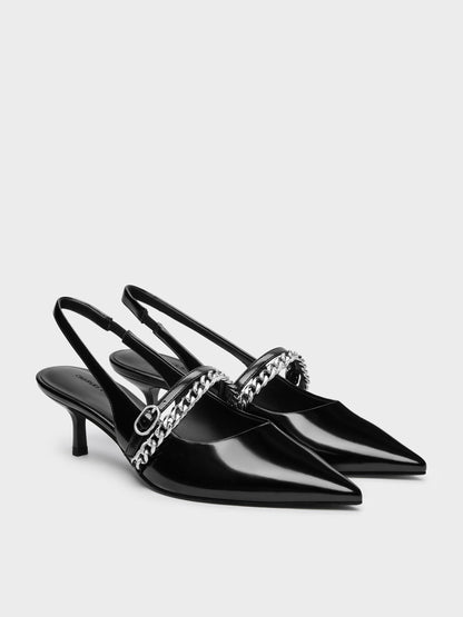 CHARLES & KEITH Best Seller / Georgie Chain Slingback Kitten Heels - Black Box