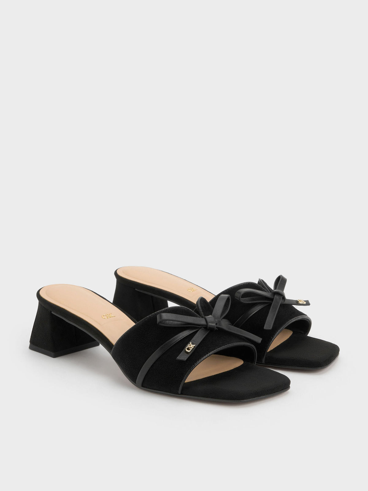 CHARLES & KEITH Popular / Leather & Suede Bow Heeled Mules - Black Textured