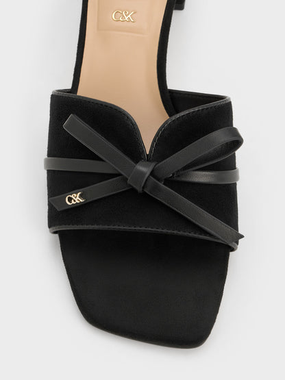 CHARLES & KEITH Popular / Leather & Suede Bow Heeled Mules - Black Textured