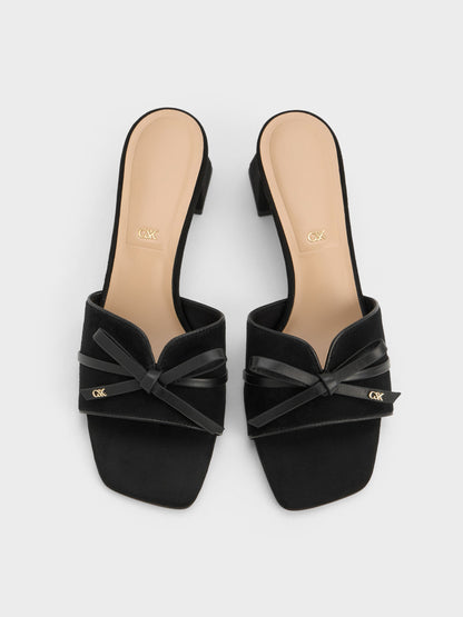 CHARLES & KEITH Popular / Leather & Suede Bow Heeled Mules - Black Textured