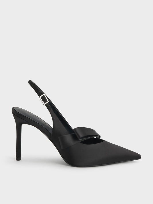 CHARLES & KEITH Recommended / Satin Pleated-Strap Slingback Pumps - Black Textured