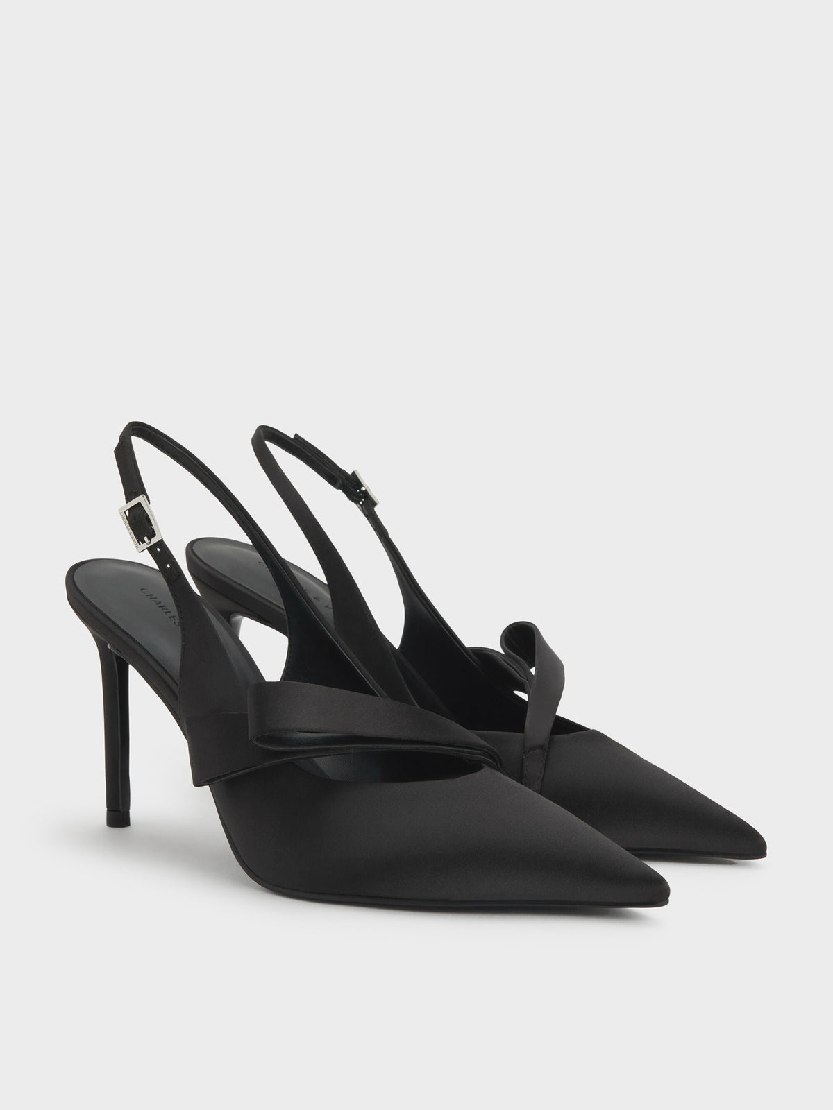 CHARLES & KEITH Recommended / Satin Pleated-Strap Slingback Pumps - Black Textured