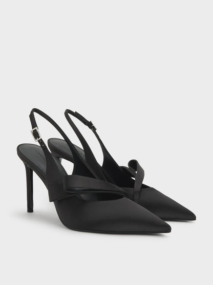 CHARLES & KEITH Recommended / Satin Pleated-Strap Slingback Pumps - Black Textured