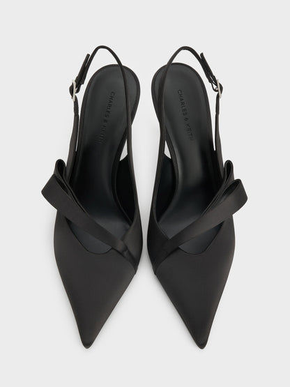 CHARLES & KEITH Recommended / Satin Pleated-Strap Slingback Pumps - Black Textured
