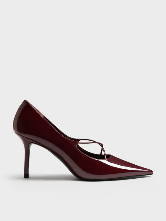 CHARLES & KEITH Everyday / Patent Crossover Pointed Pumps - Burgundy