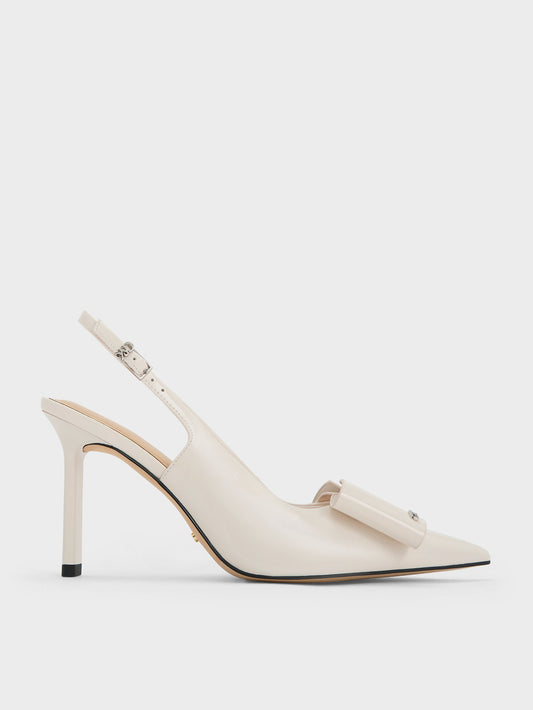 CHARLES & KEITH Best Seller / Lu Patent Leather Bow Slingback Pumps - Chalk