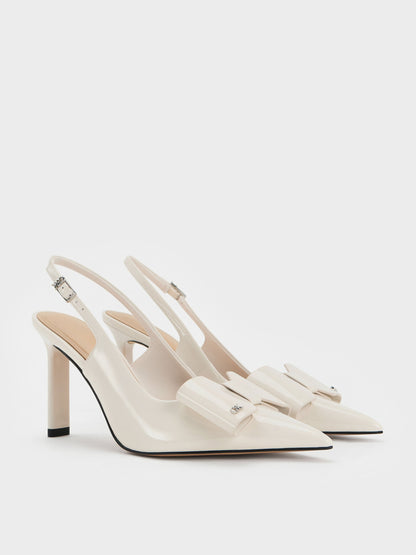 CHARLES & KEITH Best Seller / Lu Patent Leather Bow Slingback Pumps - Chalk