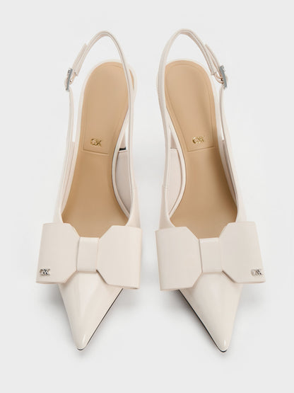 CHARLES & KEITH Best Seller / Lu Patent Leather Bow Slingback Pumps - Chalk
