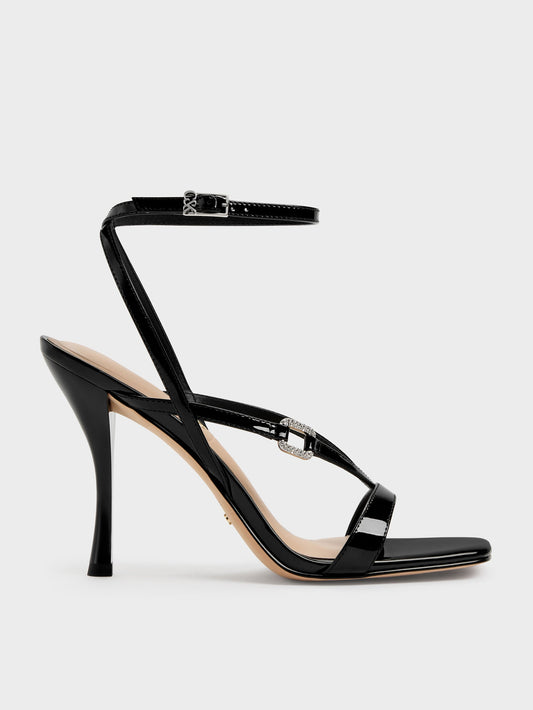 CHARLES & KEITH Best Price / Patent Leather Crystal-Buckle Ankle-Strap Heels - Black Patent