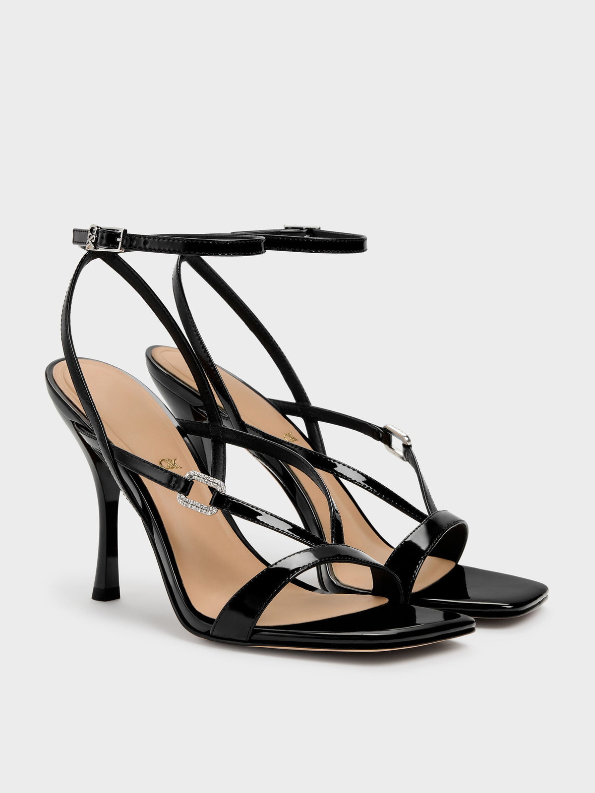 CHARLES & KEITH Best Price / Patent Leather Crystal-Buckle Ankle-Strap Heels - Black Patent