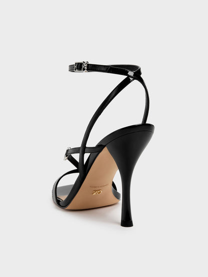 CHARLES & KEITH Best Price / Patent Leather Crystal-Buckle Ankle-Strap Heels - Black Patent