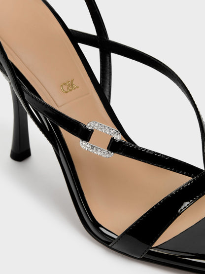 CHARLES & KEITH Best Price / Patent Leather Crystal-Buckle Ankle-Strap Heels - Black Patent