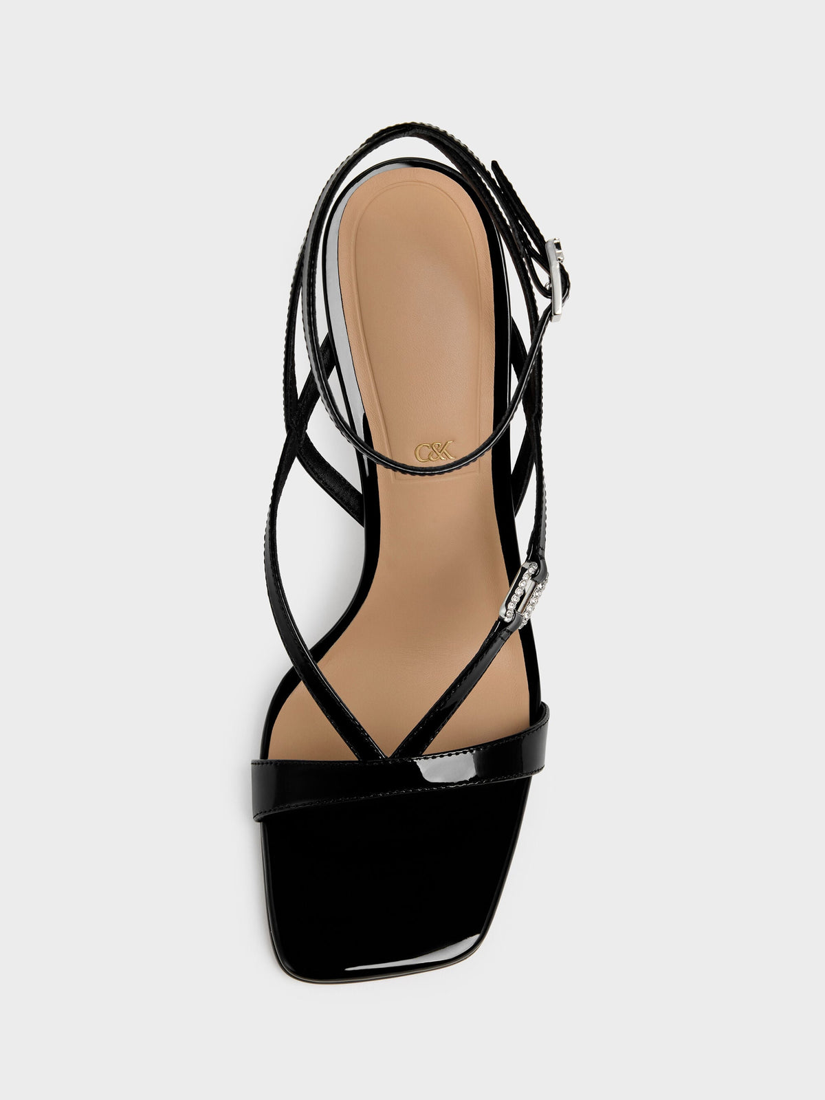 CHARLES & KEITH Best Price / Patent Leather Crystal-Buckle Ankle-Strap Heels - Black Patent