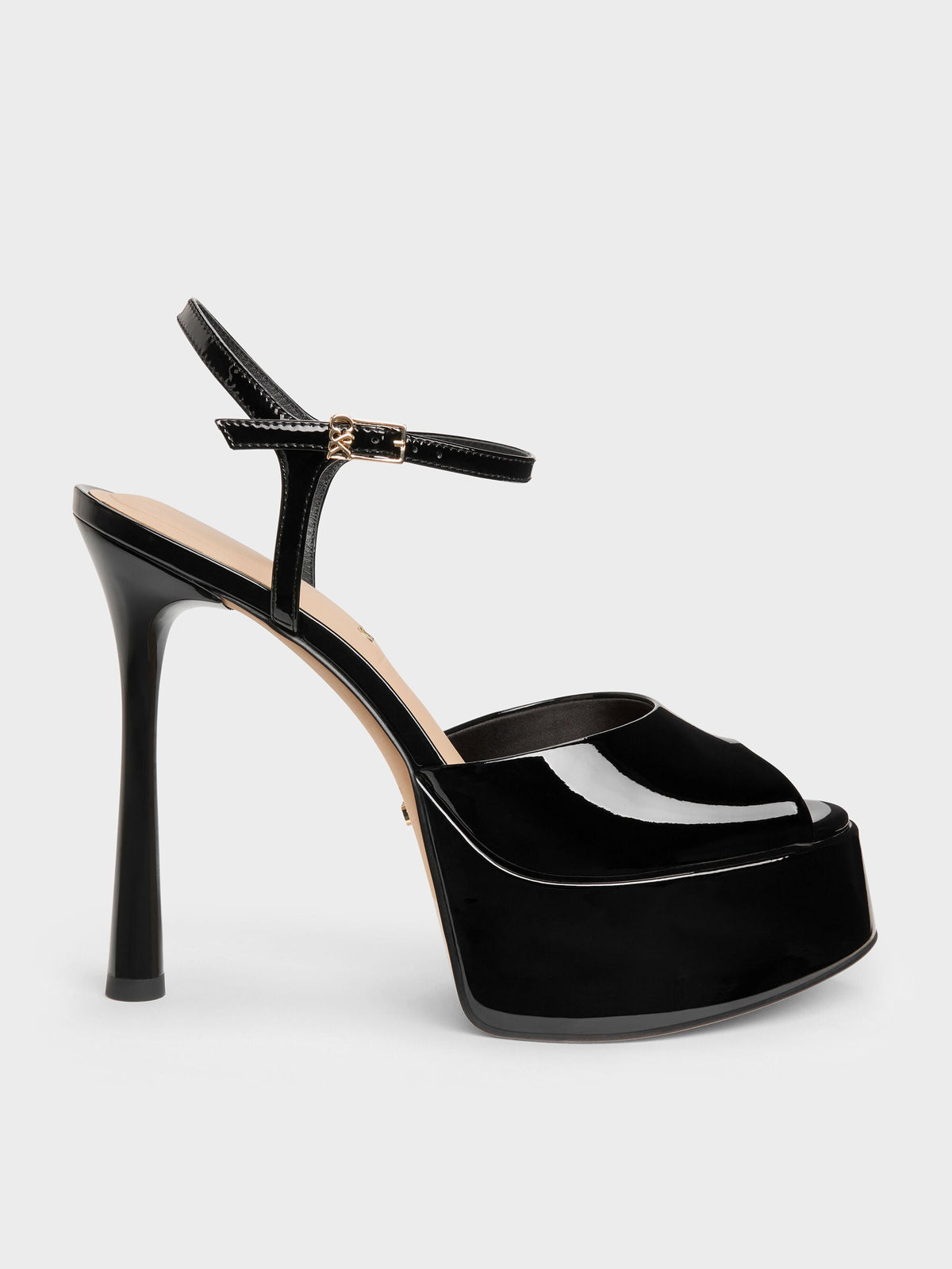 CHARLES & KEITH Smart Buy / Francesca Patent Leather Peep-Toe Platform Heels - Black Patent