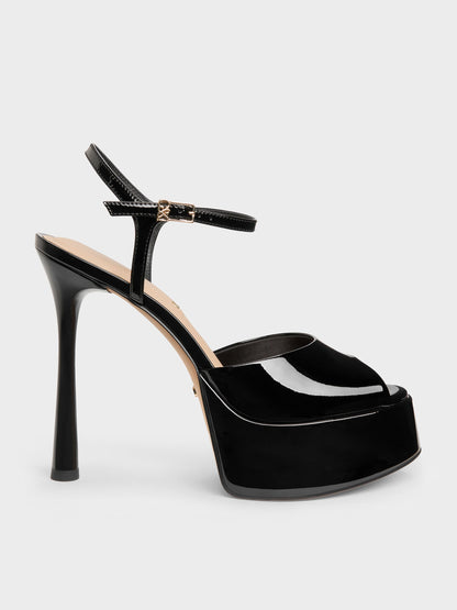 CHARLES & KEITH Smart Buy / Francesca Patent Leather Peep-Toe Platform Heels - Black Patent