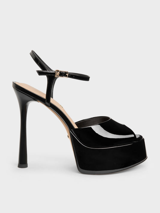 CHARLES & KEITH Smart Buy / Francesca Patent Leather Peep-Toe Platform Heels - Black Patent