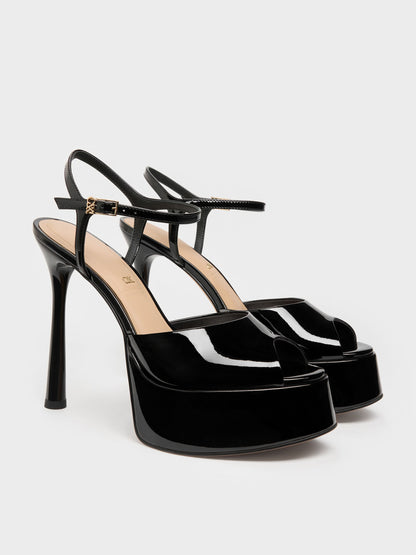 CHARLES & KEITH Smart Buy / Francesca Patent Leather Peep-Toe Platform Heels - Black Patent