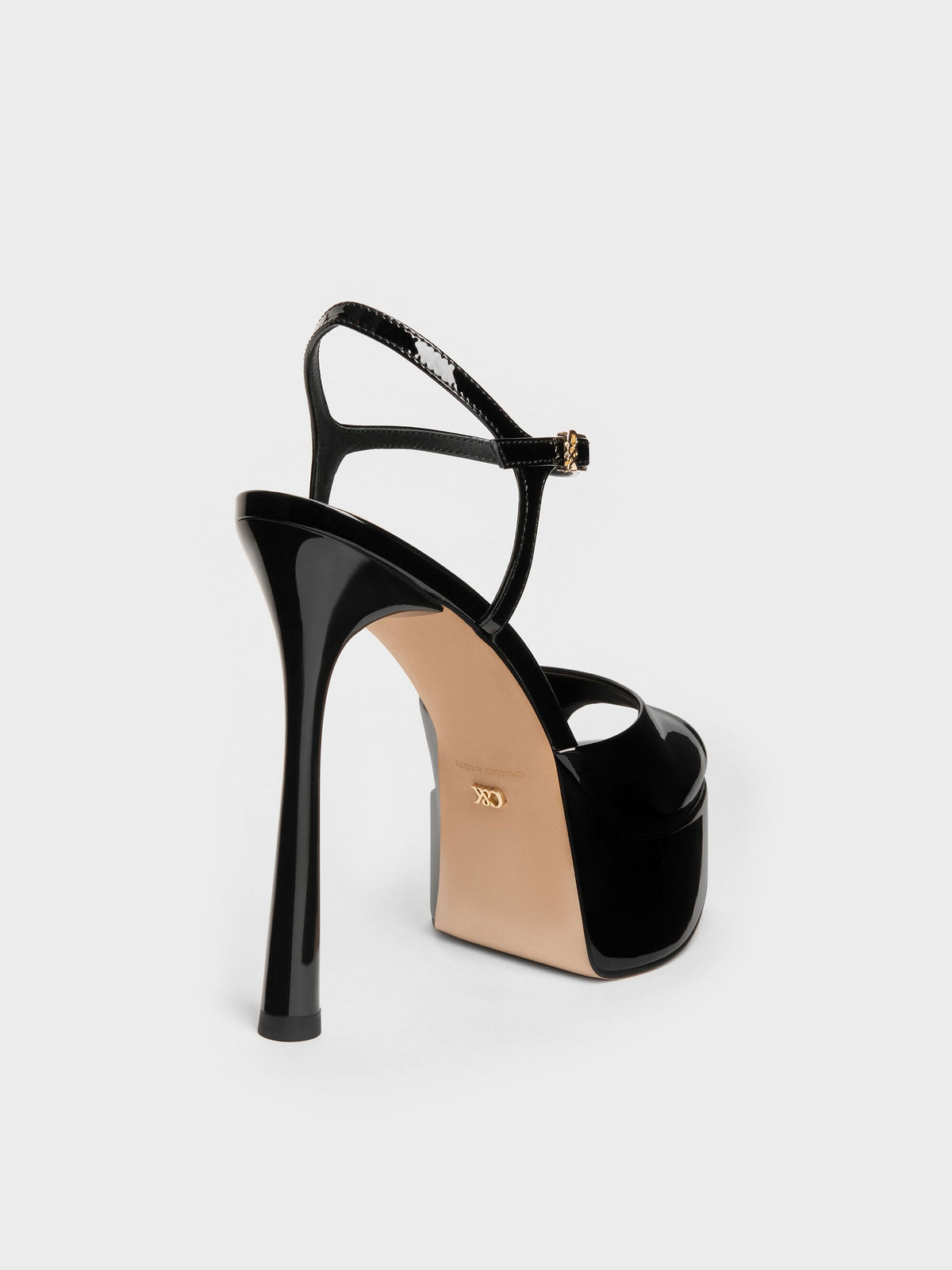 CHARLES & KEITH Smart Buy / Francesca Patent Leather Peep-Toe Platform Heels - Black Patent