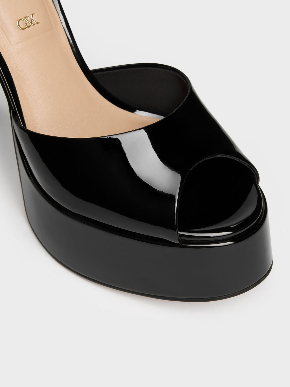 CHARLES & KEITH Smart Buy / Francesca Patent Leather Peep-Toe Platform Heels - Black Patent