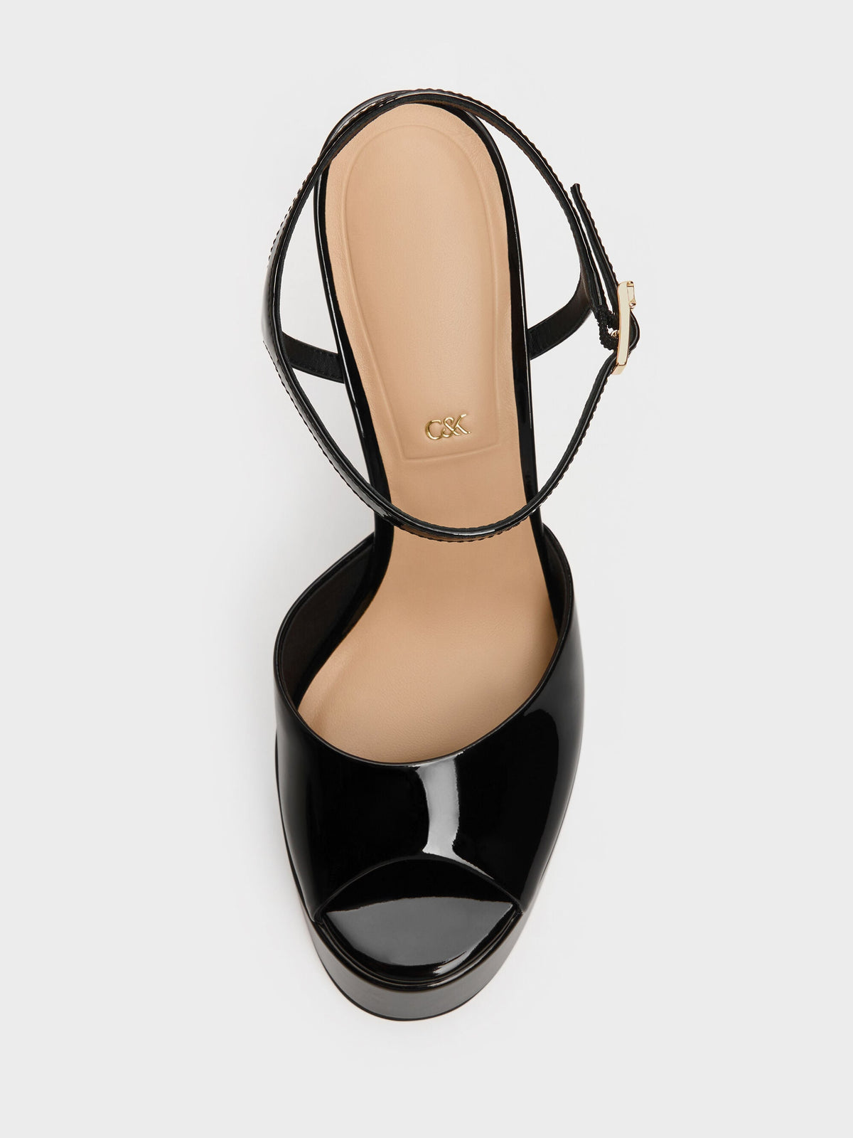 CHARLES & KEITH Smart Buy / Francesca Patent Leather Peep-Toe Platform Heels - Black Patent