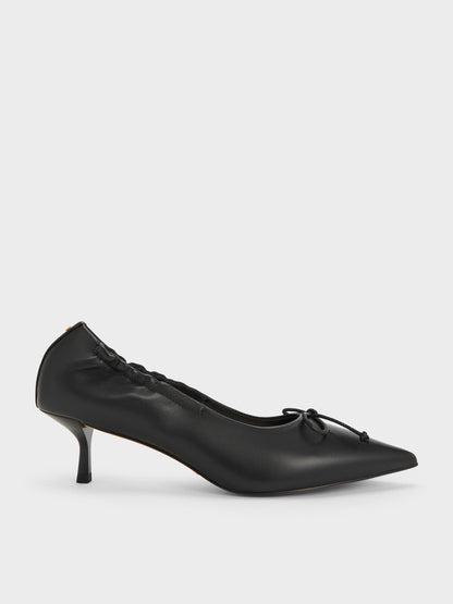 CHARLES & KEITH New / Leather Ruched Pointed Kitten Heels - Black