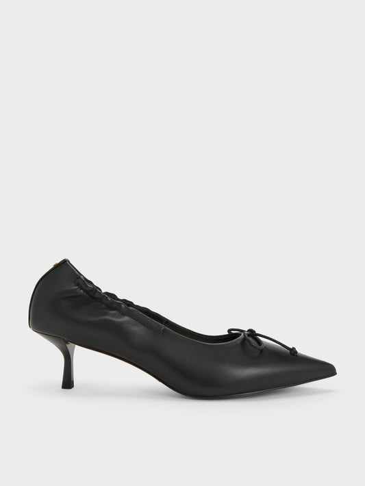CHARLES & KEITH New / Leather Ruched Pointed Kitten Heels - Black