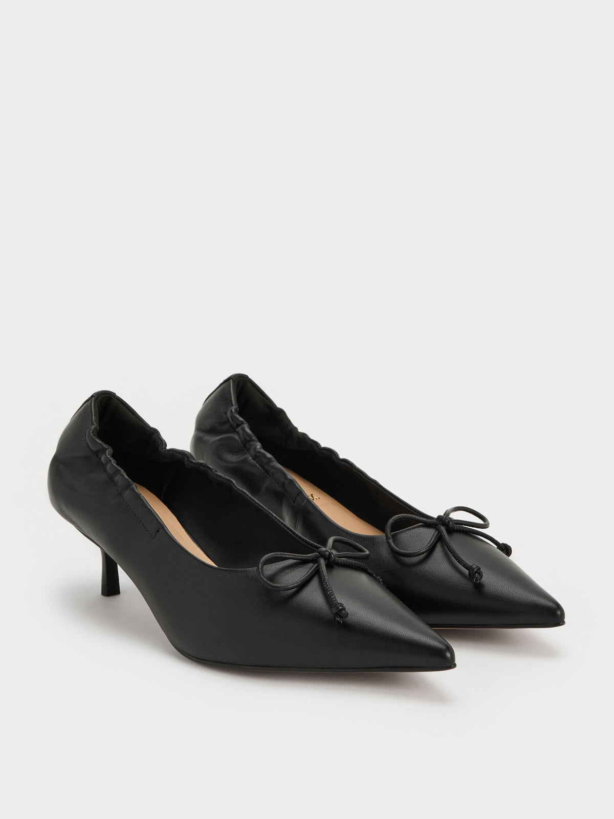 CHARLES & KEITH New / Leather Ruched Pointed Kitten Heels - Black