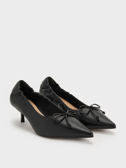 CHARLES & KEITH New / Leather Ruched Pointed Kitten Heels - Black