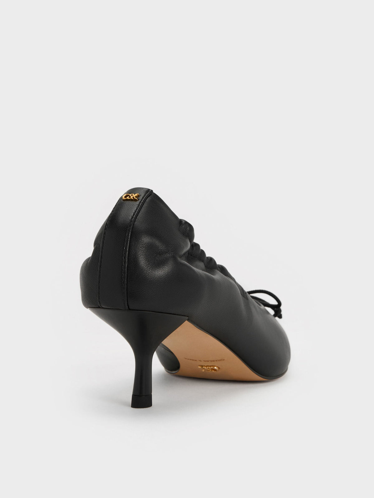 CHARLES & KEITH New / Leather Ruched Pointed Kitten Heels - Black