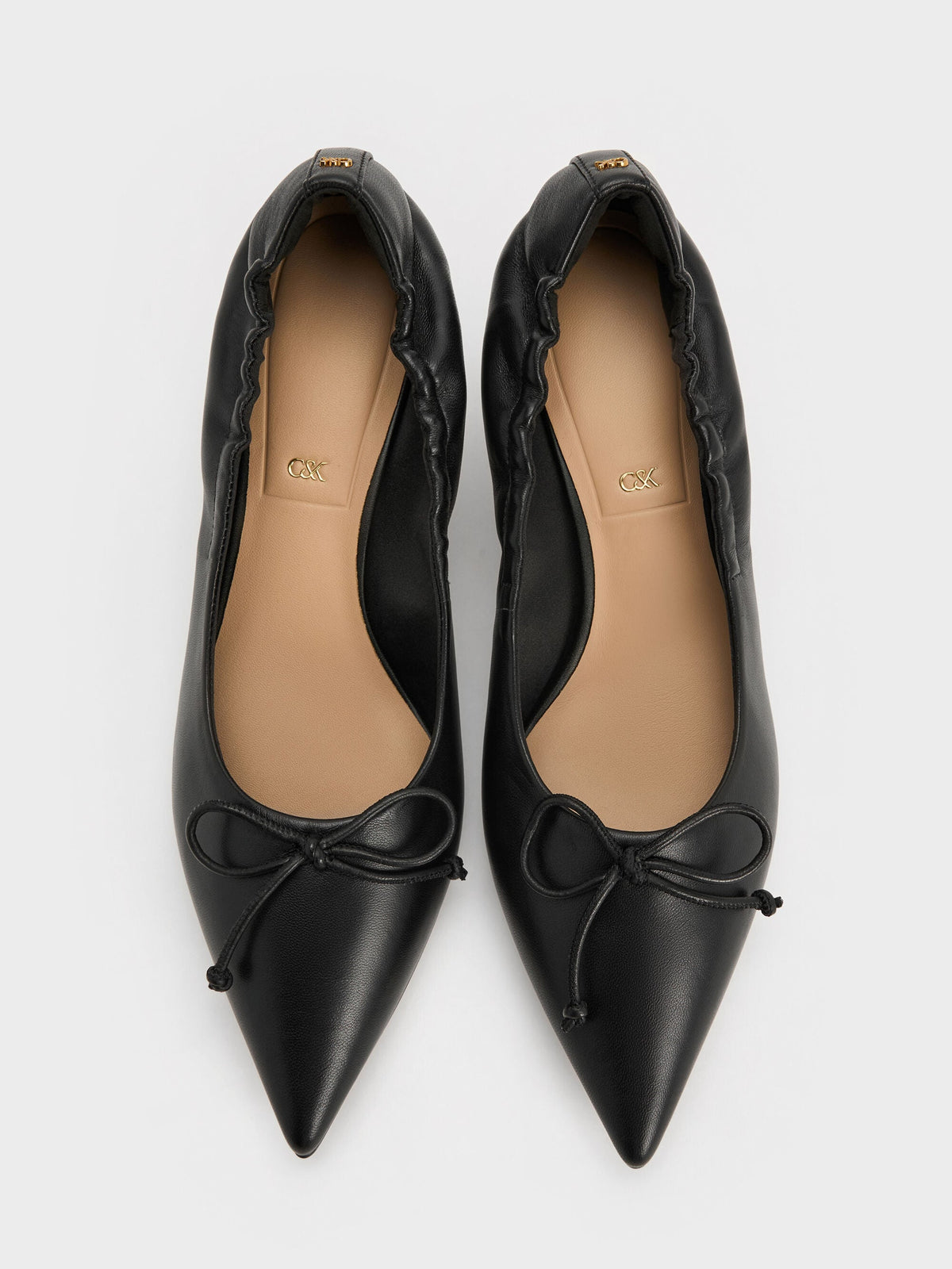 CHARLES & KEITH New / Leather Ruched Pointed Kitten Heels - Black