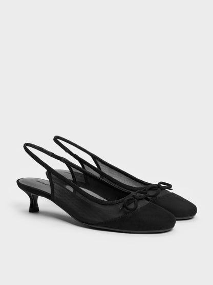 CHARLES & KEITH Essential / Mulligan Mesh Bow Slingback Pumps - Black Textured