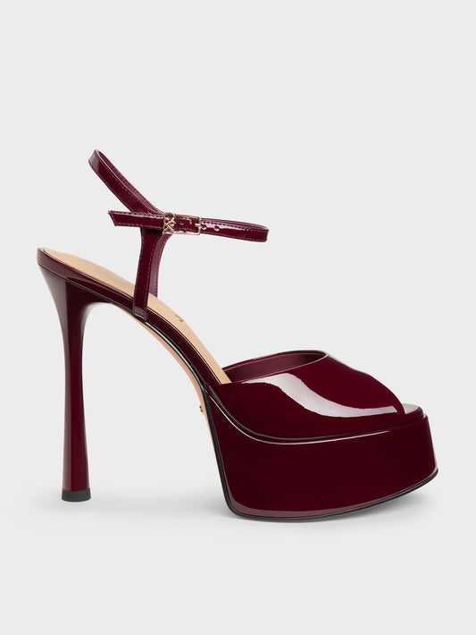 CHARLES & KEITH Hot Sale / Francesca Patent Leather Peep-Toe Platform Heels - Burgundy