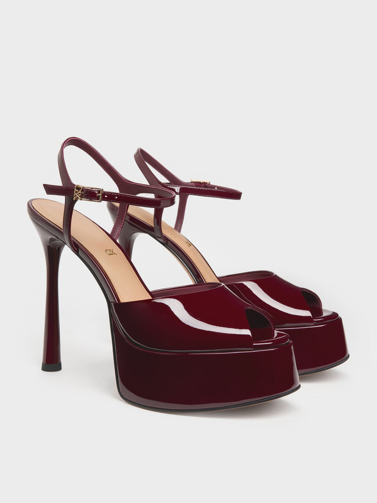 CHARLES & KEITH Hot Sale / Francesca Patent Leather Peep-Toe Platform Heels - Burgundy