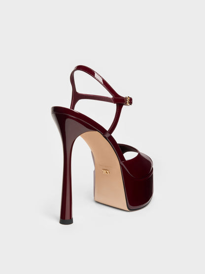 CHARLES & KEITH Hot Sale / Francesca Patent Leather Peep-Toe Platform Heels - Burgundy