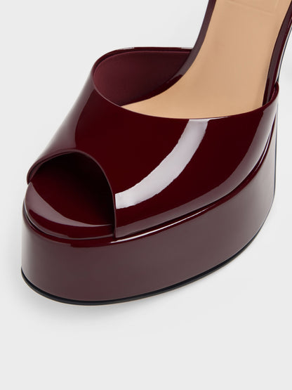 CHARLES & KEITH Hot Sale / Francesca Patent Leather Peep-Toe Platform Heels - Burgundy
