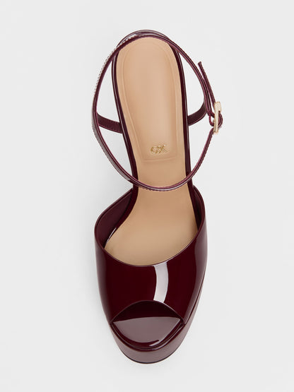 CHARLES & KEITH Hot Sale / Francesca Patent Leather Peep-Toe Platform Heels - Burgundy