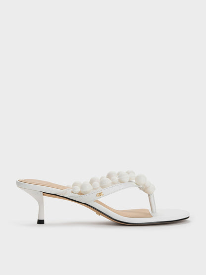 CHARLES & KEITH Smart Buy / Leather Beaded Thong Kitten Heels - Chalk