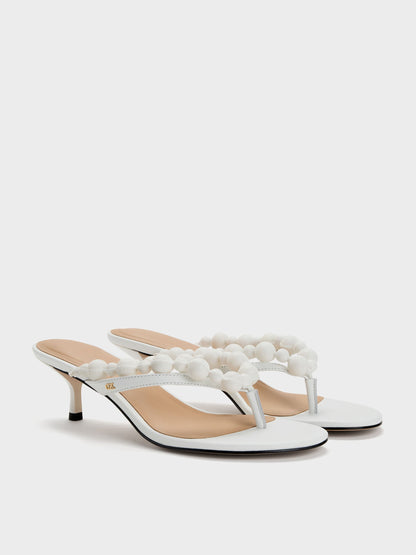 CHARLES & KEITH Smart Buy / Leather Beaded Thong Kitten Heels - Chalk