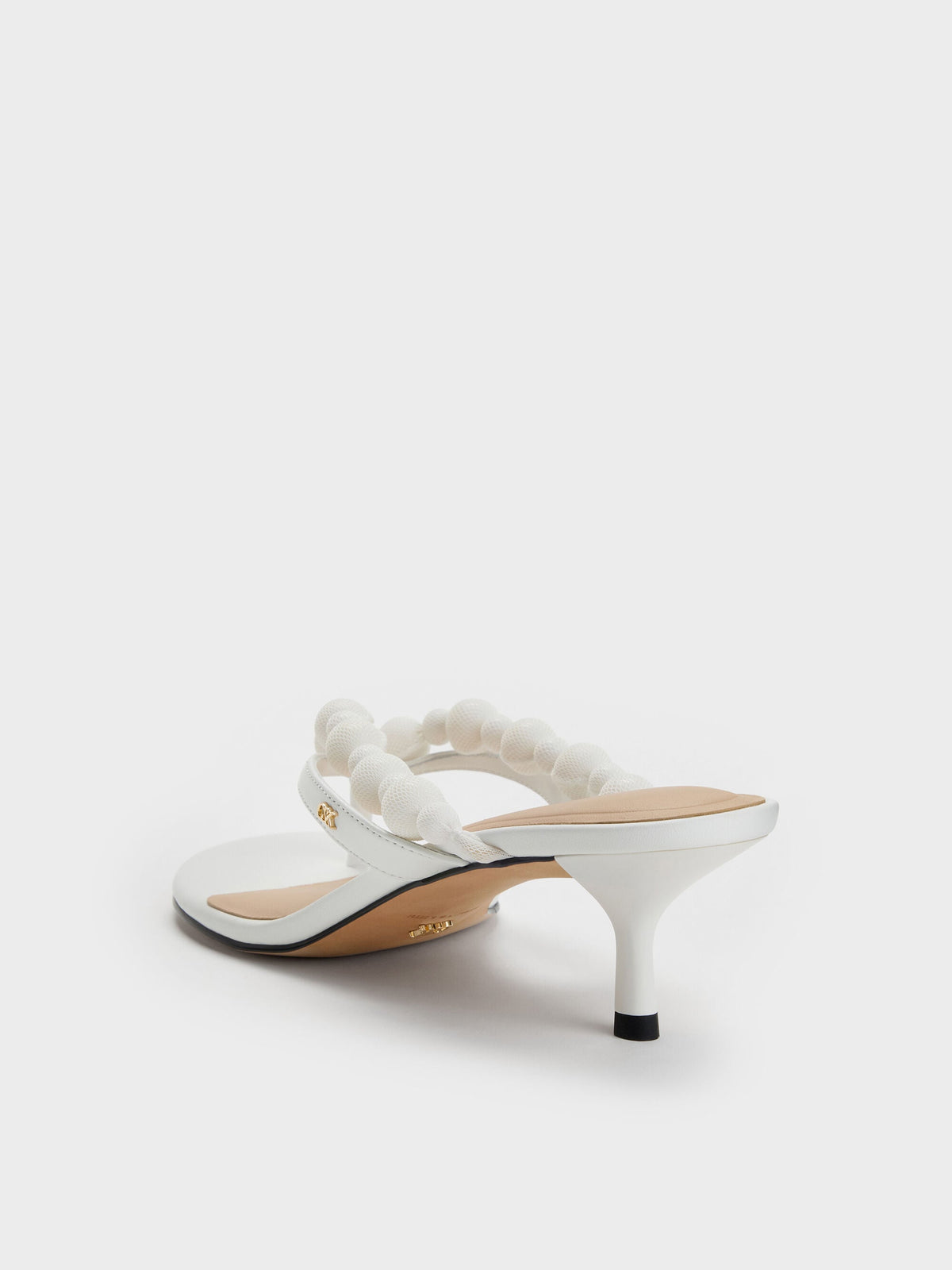 CHARLES & KEITH Smart Buy / Leather Beaded Thong Kitten Heels - Chalk