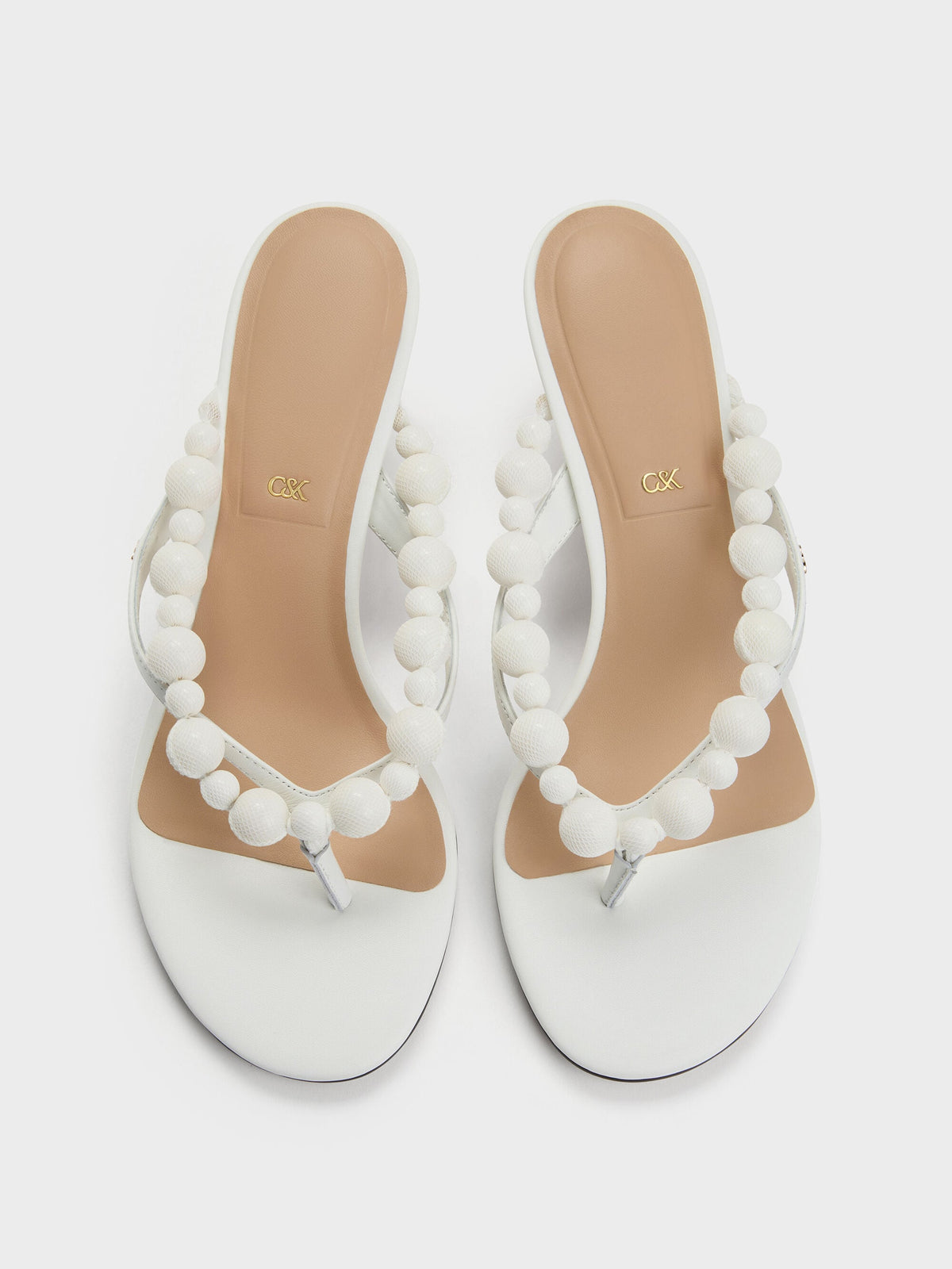 CHARLES & KEITH Smart Buy / Leather Beaded Thong Kitten Heels - Chalk