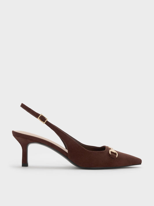 CHARLES & KEITH Customer Favorite / Leslie Faux Suede Slingback Pumps - Dark Brown Textured