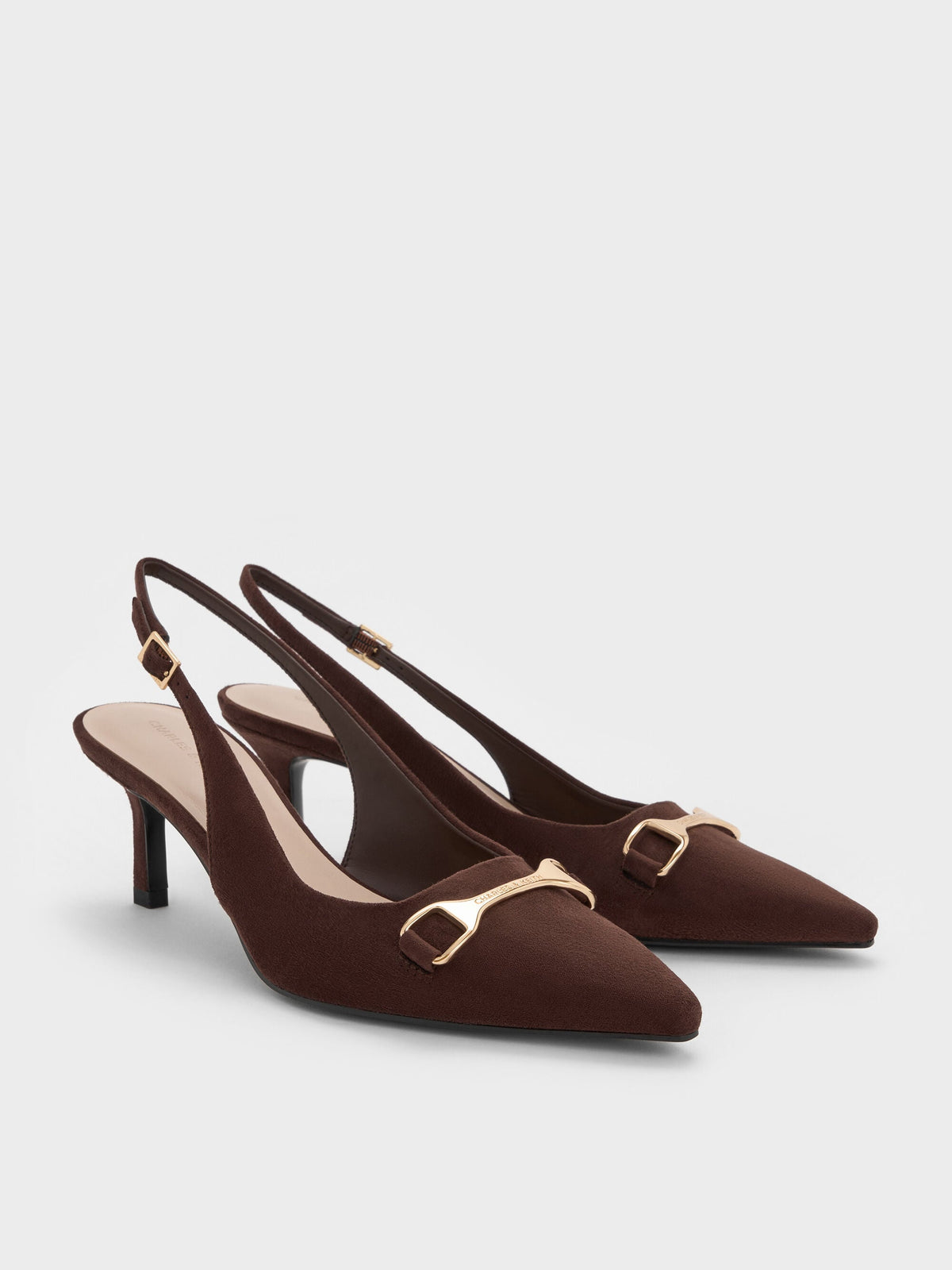 CHARLES & KEITH Customer Favorite / Leslie Faux Suede Slingback Pumps - Dark Brown Textured