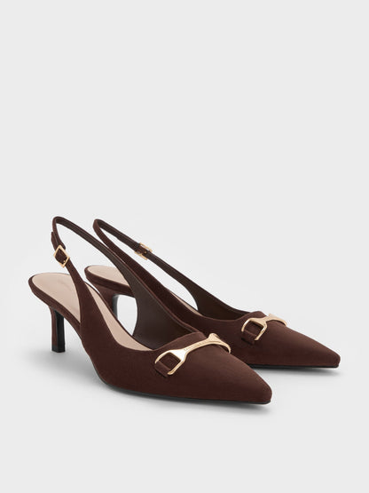 CHARLES & KEITH Customer Favorite / Leslie Faux Suede Slingback Pumps - Dark Brown Textured