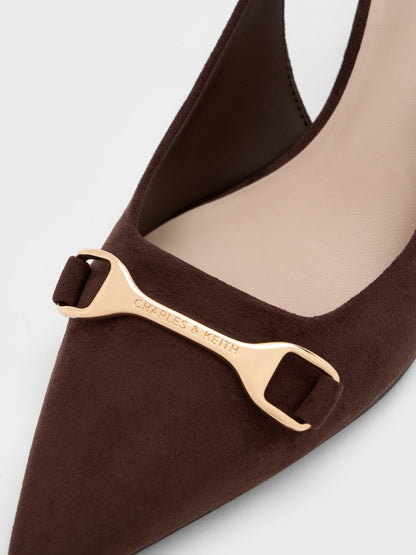 CHARLES & KEITH Customer Favorite / Leslie Faux Suede Slingback Pumps - Dark Brown Textured