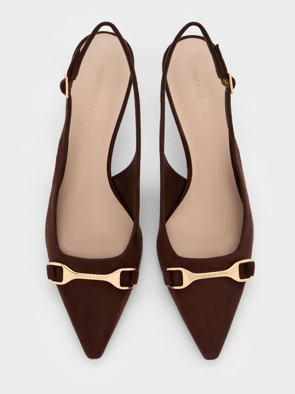 CHARLES & KEITH Customer Favorite / Leslie Faux Suede Slingback Pumps - Dark Brown Textured